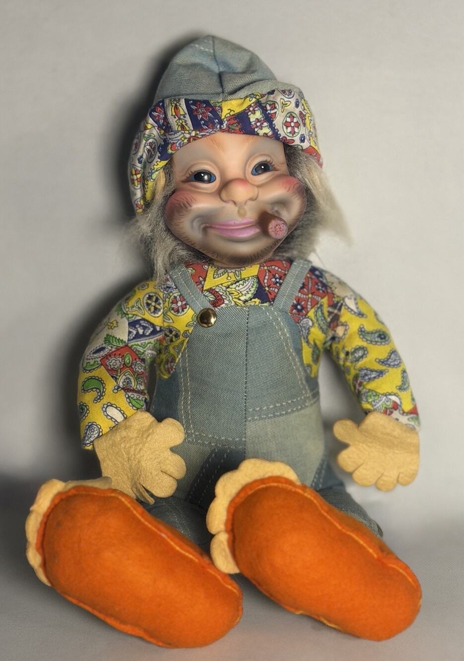 Vintage The Rushton Co Rubber Face Hobo Tramp Doll 22" Cigar Overalls 1950s